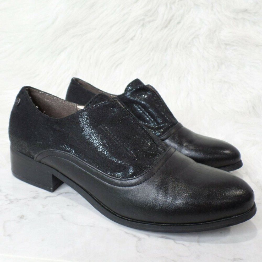 Crown Vintage Jan Black Leather Metallic Laceless Loafer Slip On Flats size 8